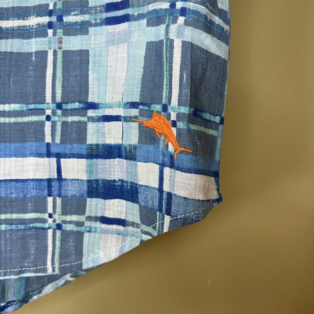 Men's Tommy Bahama Long Sleeved Linen Blend Blue Plaid Button Up Shirt Large - Picture 6 of 6